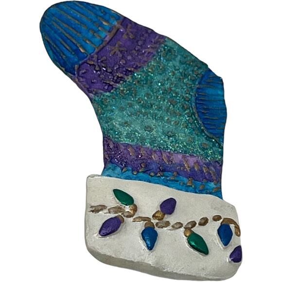 Vintage Handcrafted Christmas Stocking Brooch Pin Purple Teal Holiday Glitter - Picture 4 of 7